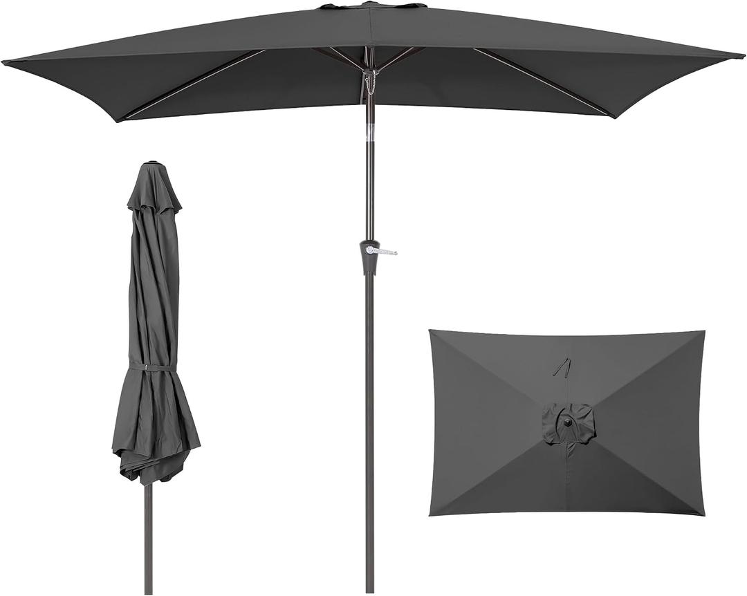 HASLE OUTFITTERS Rectangular Patio Umbrella, 6.5 x 10 ft Rectangle Table Umbrellas w/Heavy Duty Ribs, Effortless Crank and Push Button Tilt, Wind Resistant Sun Umbrella for Outdoor Patio, Gray