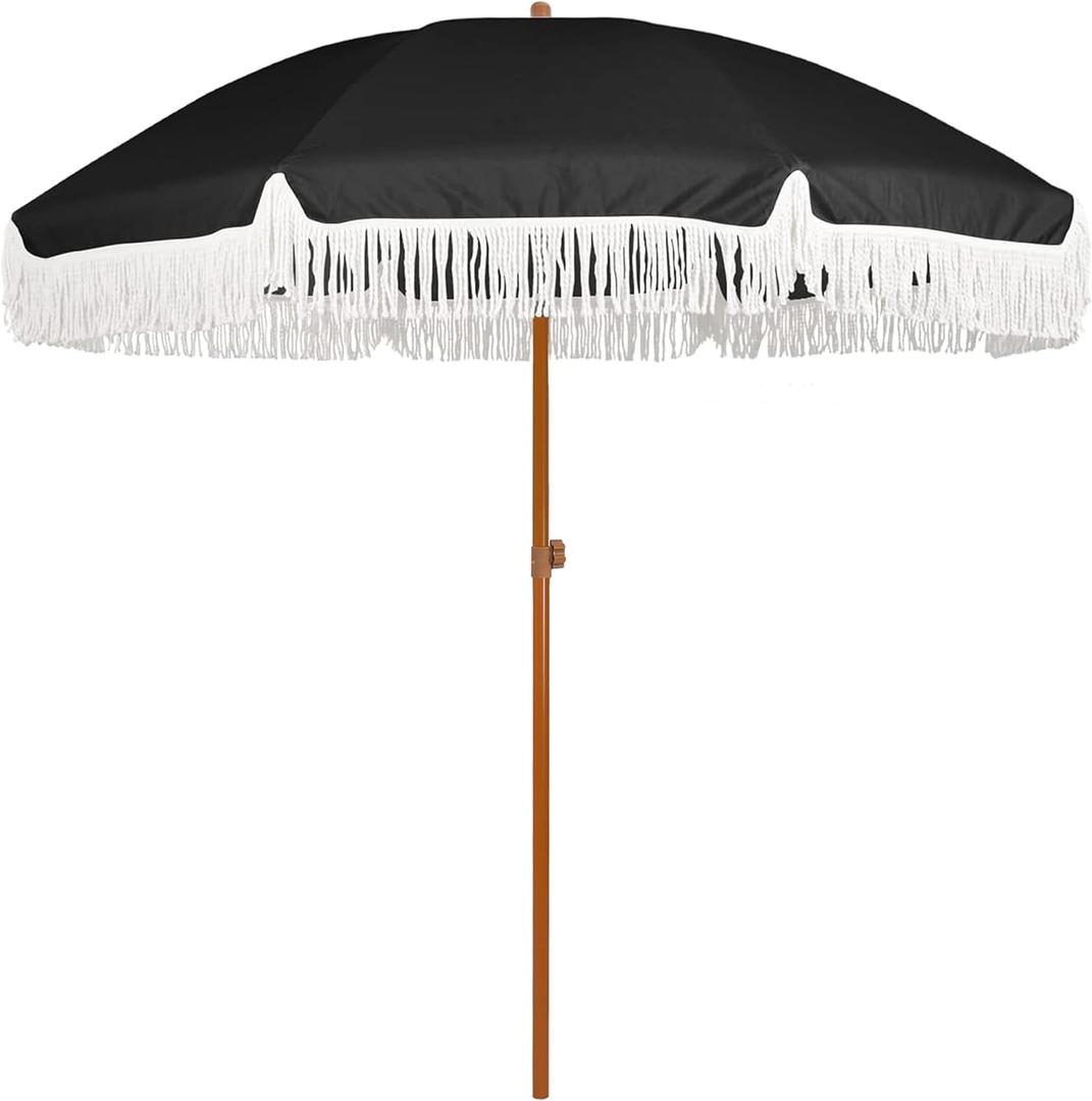 AMMSUN 7ft Patio Umbrella with Fringe Outdoor Tassel Umbrella UPF50+ Premium Steel Pole and Steel Ribs Push Button Tilt, Black
