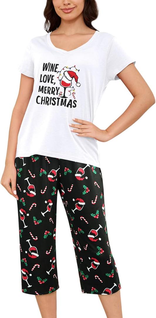 YIJIU Women's Short Sleeve Tops and Capri Pants Cute Cartoon Print Pajama Sets (S)