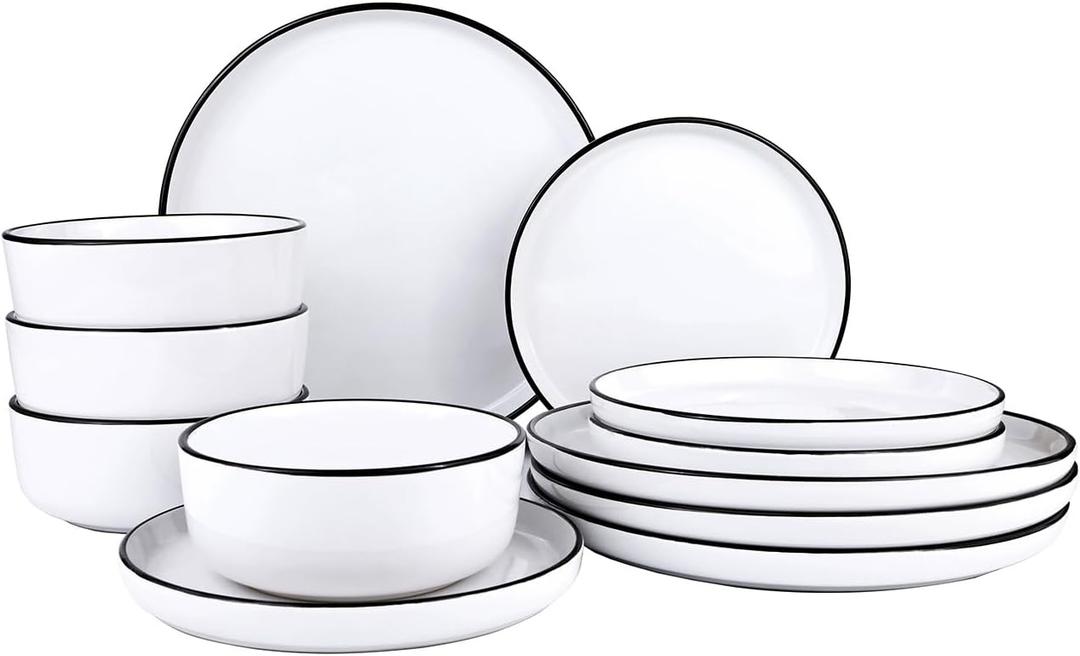 12 Pieces Ceramic Dinnerware set,Plates and Bowls Sets for 4,White Dinnerware Set for Kitchen, Modern Design Plate Sets with Black Rim, Microwave and Dishwasher Safe