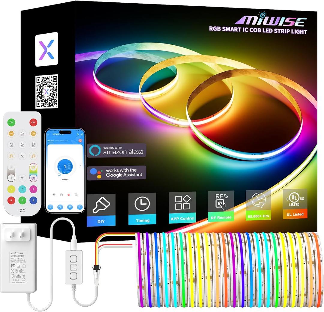 MIWISE RGB Smart IC COB LED Strip Light,20ft Color Chasing Flexible LED Tape Light,WS2811 Addressable RGB Strip with APP Control/Music Mode,Work with Alexa/Google,for Party/Home DIY Lighting Projects