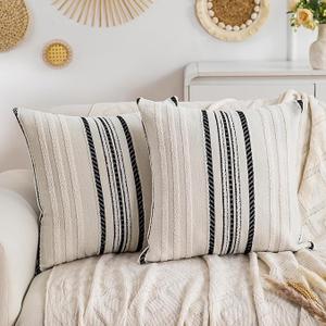 Boho Pillow Covers Set of 2-18x18 Inch Black Decorative Striped Chenille Throw Pillow Covers for Couch, Farmhouse Accent Boho Pillows for Bed Living Room, Bedroom Chair Cushion Cover - Gifts