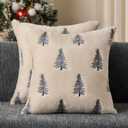 DFXSZ Christmas Pillow Covers 18x18 inch Set of 2 Blue Embroidered Christmas Tree Decoration Beige Soft Plush Faux Fur Jacquard Throw Pillows for Bedroom Sofa Holiday Winter Home Decor PTK071A18