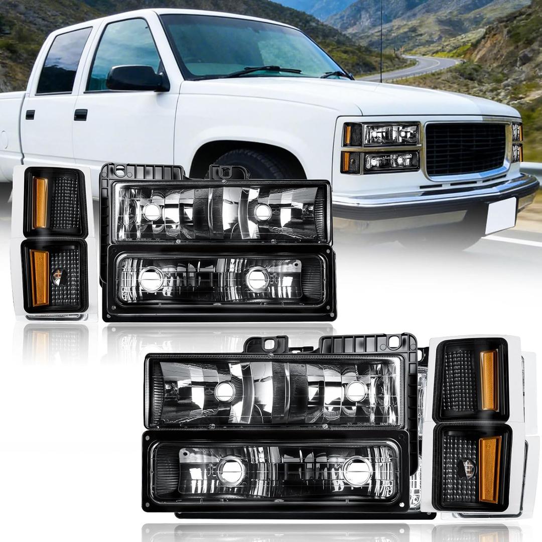 Headlights Assembly for 1994-1998 Silverado & 1994-1999 Chevy Tahoe Suburban C10 C/K 1500 2500 3500 Black Housing Amber Reflector