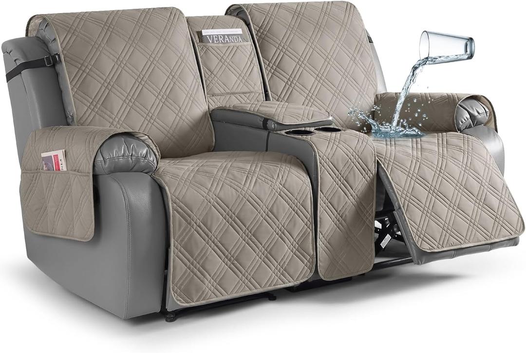 TAOCOCO Loveseat Recliner Cover with Center Console, 100% Waterproof Pet Covers for Dual Recliner with Straps Design, Split Reclining Loveseat Cover Furniture Pet & Kid Protector (2 Seater, Light Brown)