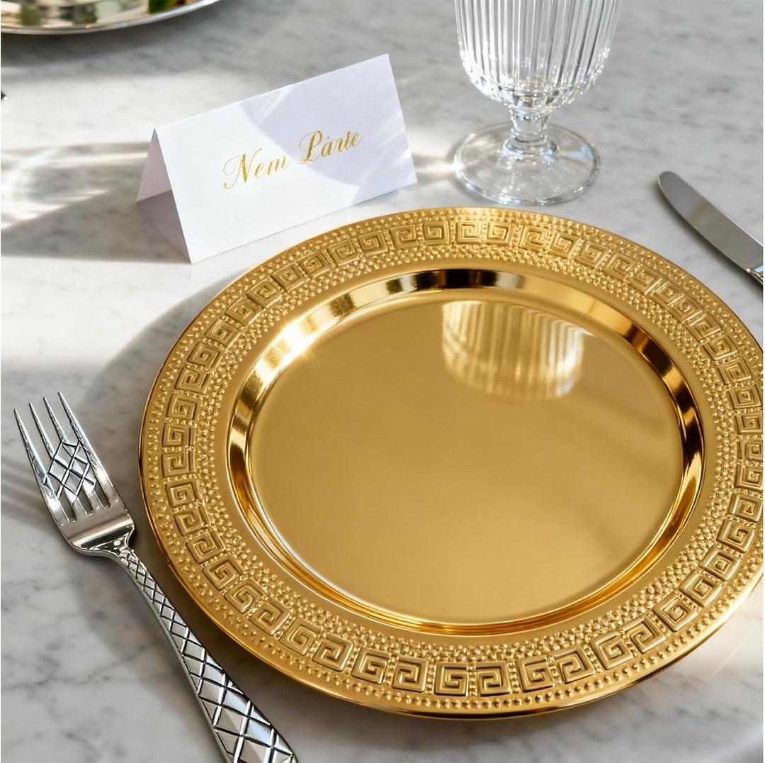 6 Pack 13'' Gold Party Chargers Reusable Large Plates, Greek Key Pattern Great for Elegant Party's Weddings Tableware Great for Serving dish