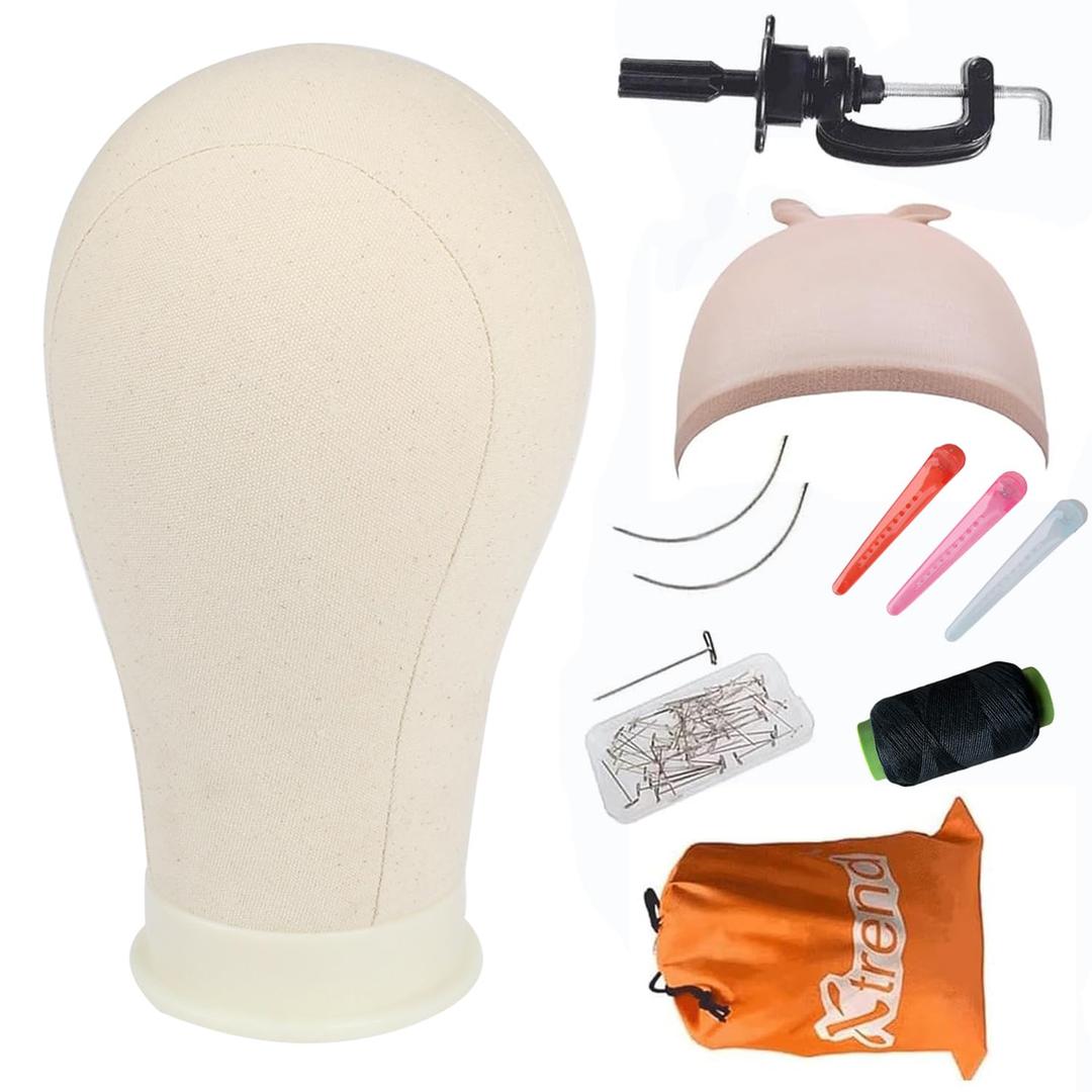 XTREND 21"-24'' Poly Canvas Block Head for Making Head Weft/Wig/Hair Extension Making Display Styling Mannequin Head with Stand Set Manikin Canvas Head Hair Accessories