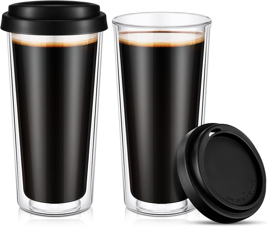 Honeydak 2 Pack 16 oz Double Walled Glass Coffee Mugs with Silicone Lids Clear Insulated Glass Travel Cups Reusable Hot and Iced Coffee Tumblers for Travel Home Office