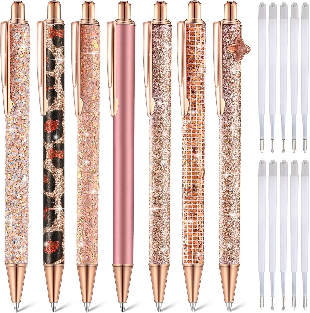 Sherr 7 Pcs Fancy Pens for Women Cute Sparkly Glitter Pens with 10 Pcs Black Ink Refills Pretty Gifts for Girls Office School Christmas Graduation(Elegant)