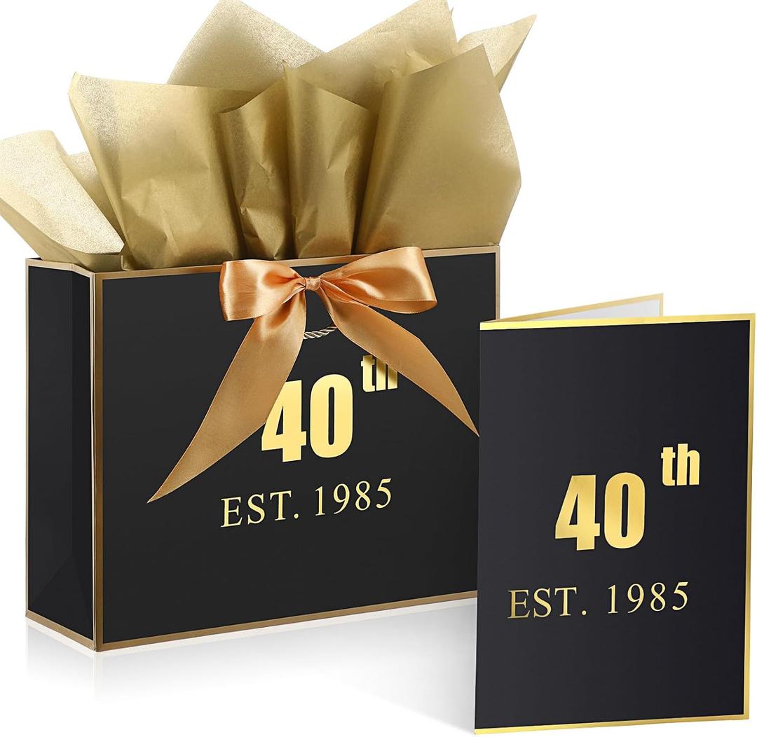 Teenyyou 40th Birthday Gift Bag Large for Women with Greeting Card and Tissue Paper Wrapping Gift Bag for Birthday Decorations Party Supplies(Black Gold,40th)