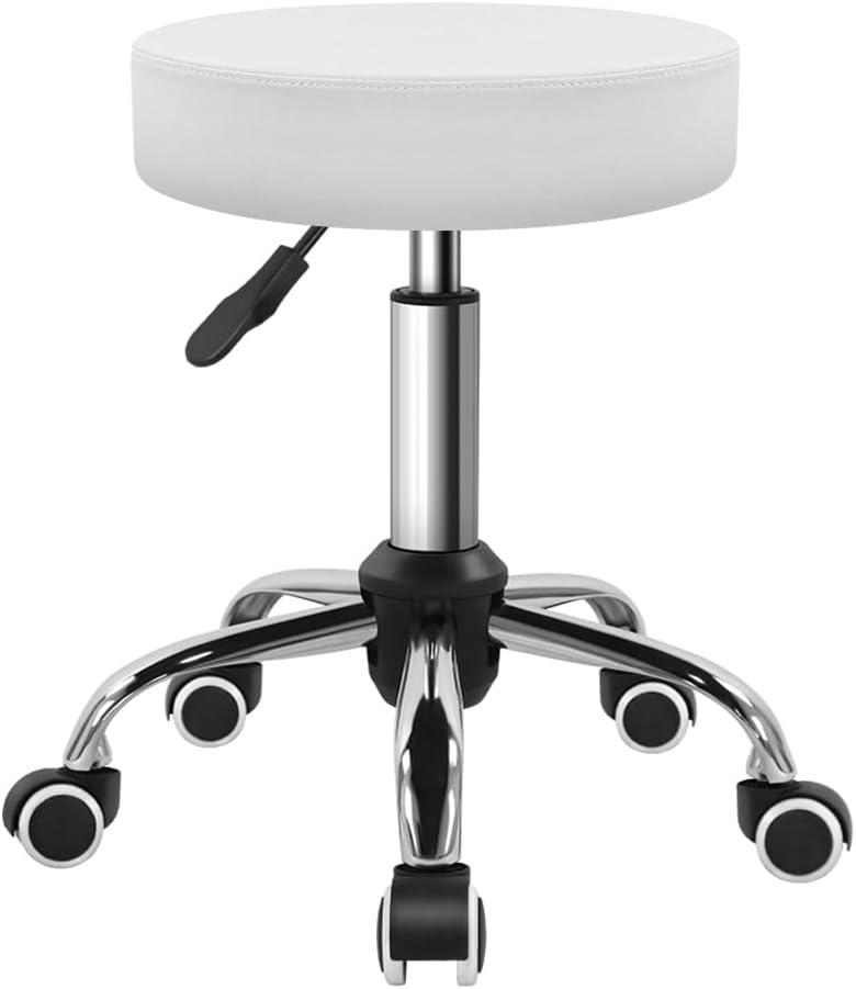 BFTOU PU Leather Swivel Stool with Wheel for Salon Work Home SPA Shop Height-Adjustable and Cost-Effective Rolling Stool Chair Small (White)