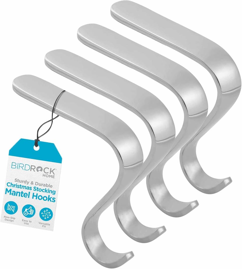 BIRDROCK HOME Christmas Stocking Mantel Hooks - Metal Fireplace Hanger with Non-Slip Pads - Holds Up to 10 lbs - Ideal for Hanging Stockings, Garland & Holiday Decor - 4 Pack, Scroll Design (Silver)