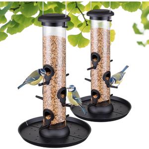 Bird Feeders for Outdoors Seed Catcher,6 Port Wild Bird Feeders with Tray,Bird Feeders for Outside Hanging for Cardinal 13 Inch,Black,Pack of 2