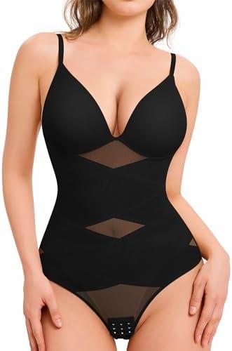 Nebility Womens Shapewear Bodysuit Tummy Control Shapewear Thong Backless Body Shaper Deep V-Neck Body Suit with Built in Bra, Size 2 XL