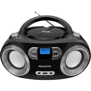 MEGATEK Portable CD Player Boombox with FM Radio, Bluetooth, USB Port, AUX Input, and Headphone Jack  CD-R/CD-RW/MP3-CD Compatible, Clear Stereo Sound, Backlit LCD Display  Black