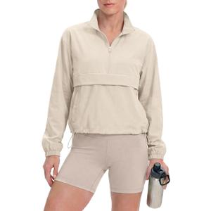 Women's Lightweight Half Zip Athletic Jacket Cooling Long Sleeve Running Workout Cropped Jacket Outdoor Tops Beige M