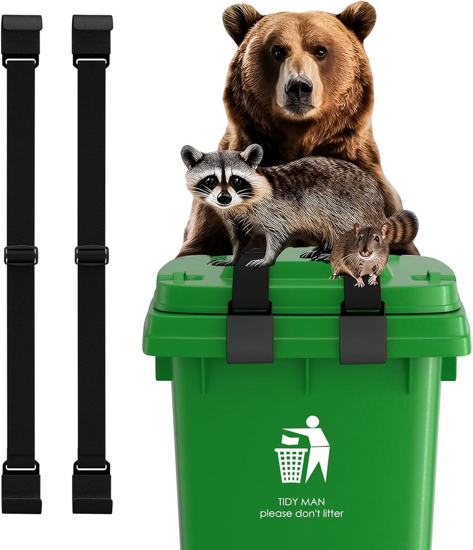2Pcs Raccoon-Proof Trash Can Locks - Metal Double Claw Strap for 28-96 Gallons, Adjustable Anti-Rust Bungee Cord, Universal Outdoor Waste Bin Lid Lock (Black)
