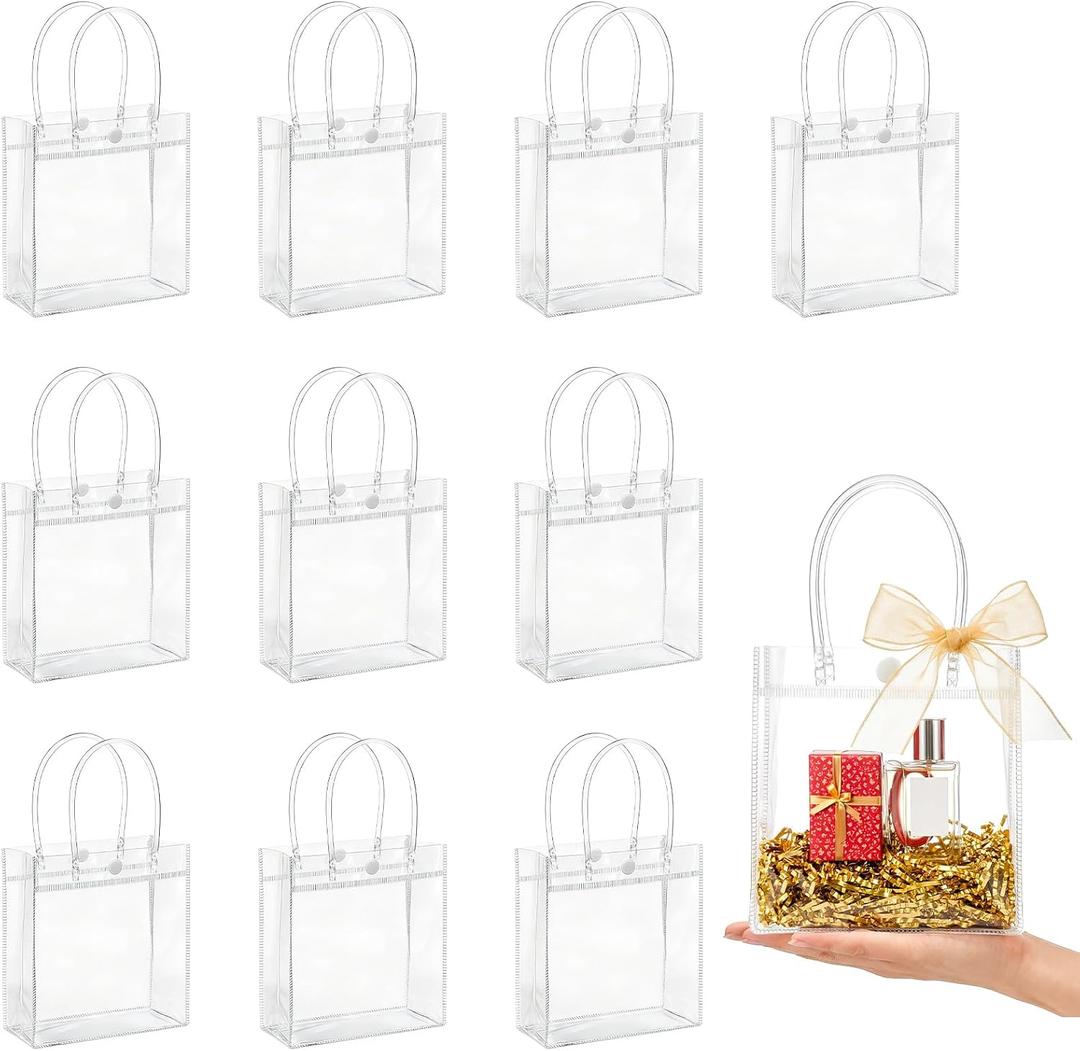 MAQIHAN Clear PVC Gift Bags with Handles - 10PCS Mini Party Favor Bags Transparent Party Favour Plastic Gift Bag Tote Goodie Bag Bulk Pvc Plastic Bags with Handles for Gifts(Mini Size 5.9 x 6.3 Inch)