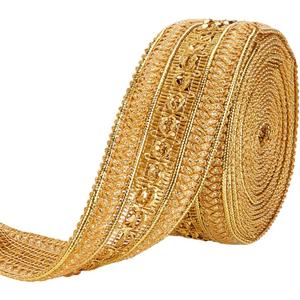 MAYJOYDIY 5 Yards Gold Metallic Jacquard Trim, 1-5/8inch Wide Indian Gimp Braid Emobridered Double Sided with Woven Golden Threads for Curtains, Lampshade, Sofa DIY Sewing and Crafting