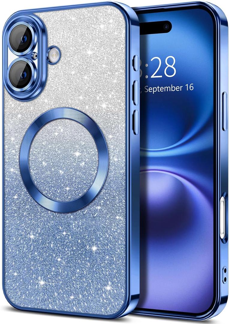 Hython for iPhone 16 Case Clear Magnetic Glitter Phone Cases [Compatible with MagSafe] Full Camera Lens Protector Slim Gradient Sparkle Luxury Plating Shockproof Protective Cover Women, Deep Blue