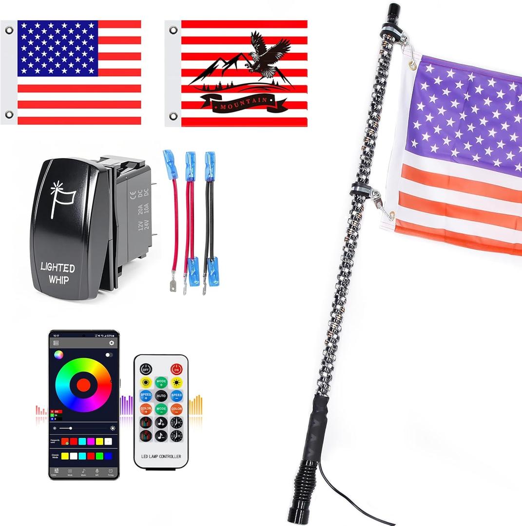 UNI-SHINE 1PC 3FT LED Whip Light with Spring Base Spiral RGB Chasing Lights with APP & Remote Control, Music Antenna Whip Light for Can-Am UTV ATV RZR Can-Am SXS Polaris Offroad Truck