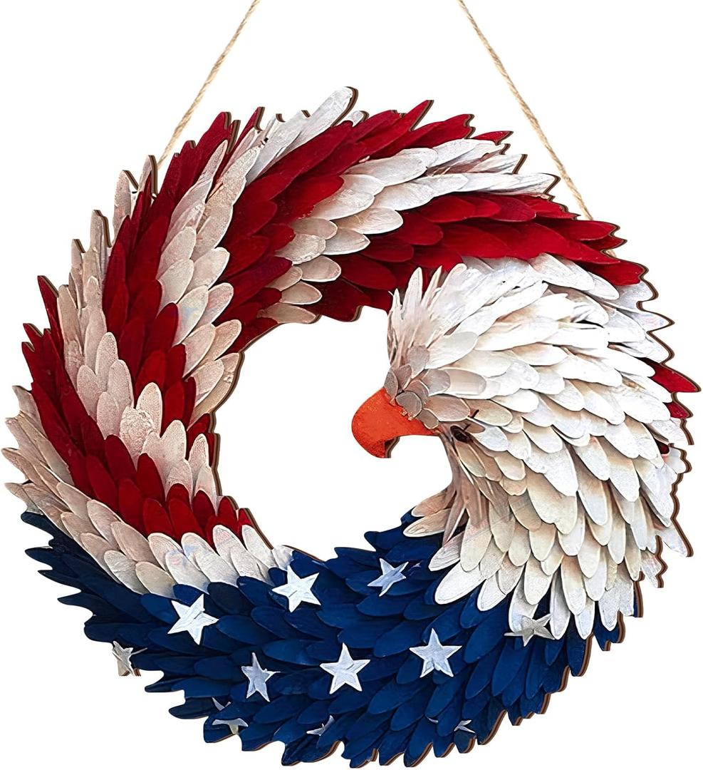 1 Pcs 4th of July Patriotic Door Sign 250th Anniversary Eagle Wreath Decorations Patriotic Door Hanger American Rustic Wooden Plaque for Wall Front Porch Memorial Day Decor