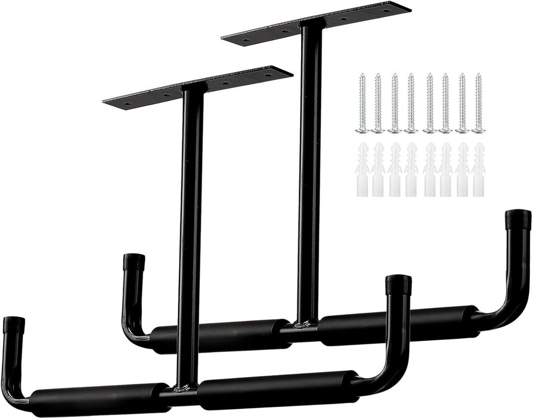 Overhead Garage Storage Hooks Rack Ceiling Mounted, Heavy Duty Utility Hooks Ladder Hanger for Hanging Hose Pipe Lumber & Other Bulky Items (2 Pack, Black)