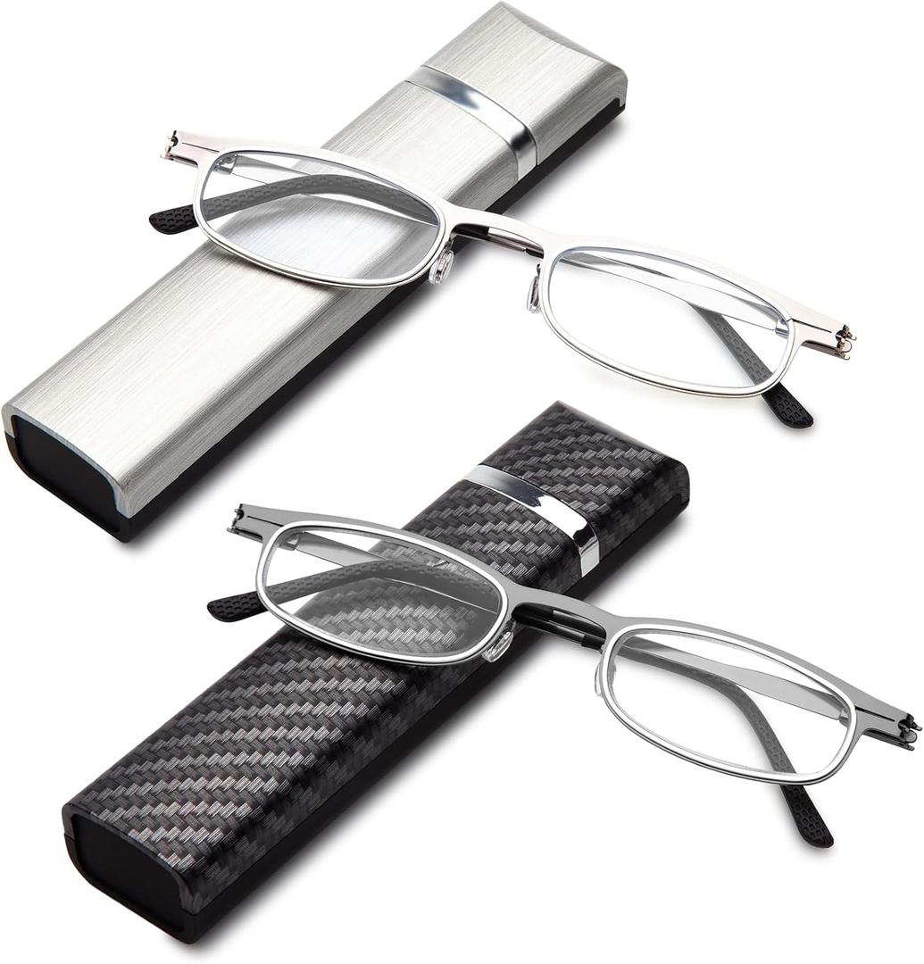LianSan Compact Folding Reading Glasses for Men Women - Portable Blue Light Blocking Foldable Computer Readers with Slim Case(2 Colors,3.0x)