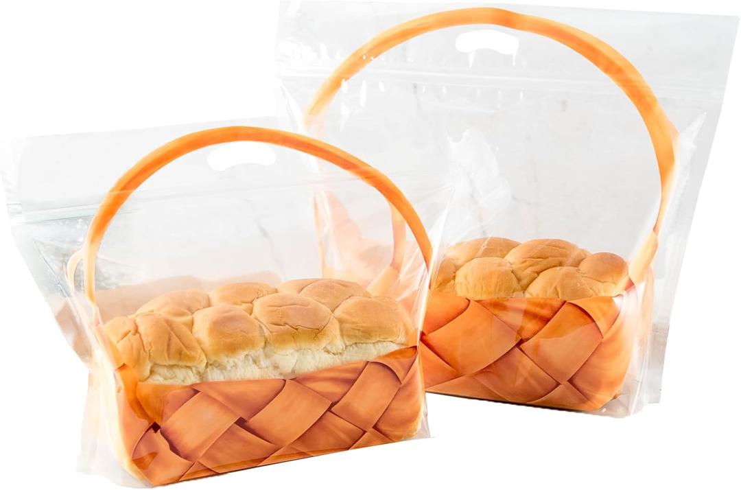 50 pcs 7.9 Inch Large Clear Bread Plastic Bags with Handle, Sealing Zipper Loaf Packaging with Basket Pattern for Homemade Bread Cookie, Bakery Cafe (Medium)