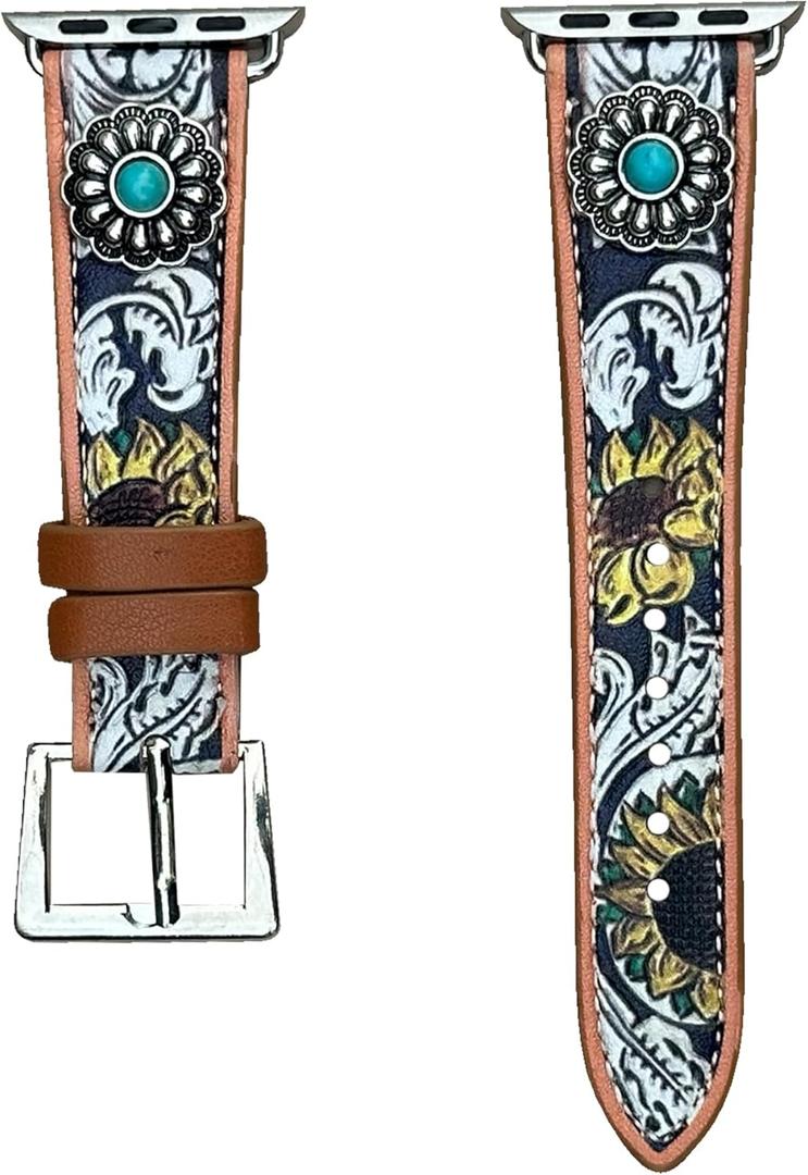 Wonderent Western Watchband for Apple Watch Size 38mm, 40mm, 41mm, 42mm, 44mm, 45mm and Series 9,8,7,6,5,4 and SE (FLOWER CONCHO)