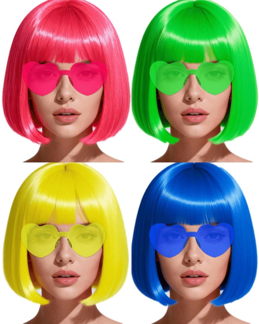 Colored Bob Wigs with Heart Sunglasses and Hair Cap- 4 Sets | Pink Blue Yellow Green Short Neon Bob Wig with Bangs Colorful Funny Hair for Women Men Costume Party Favors