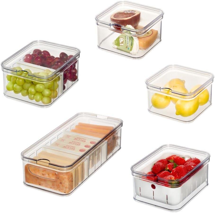 iDesign Crisp 5-Piece Recycled Plastic Refrigerator Organizer Bin Set with Lids, Clear/White