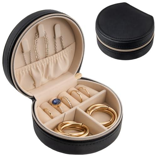 ProCase Travel Size Jewelry Box, Mini Portable Seashell-Shaped Jewelry Case, 2 Layer Organizer in PU Leather for Women -Black