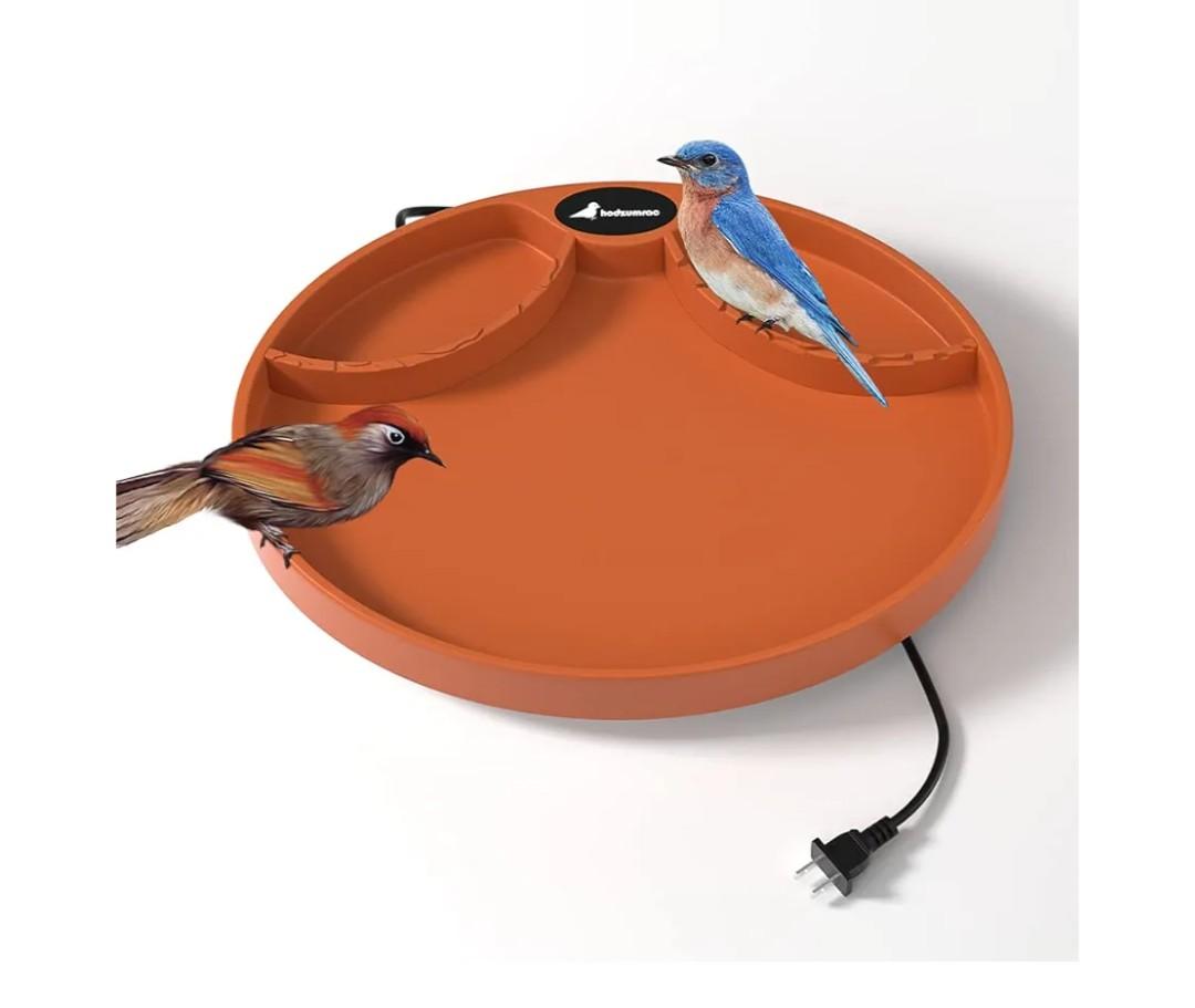 hodzumrac Heated Bird Bath, 75W Thermostatically Controlled Birdbath Heater with 2 Food Trough, Heated Bird Feeder for Winter Outdoor Patio Lawn & Garden Decoration, with Mounting Hardware