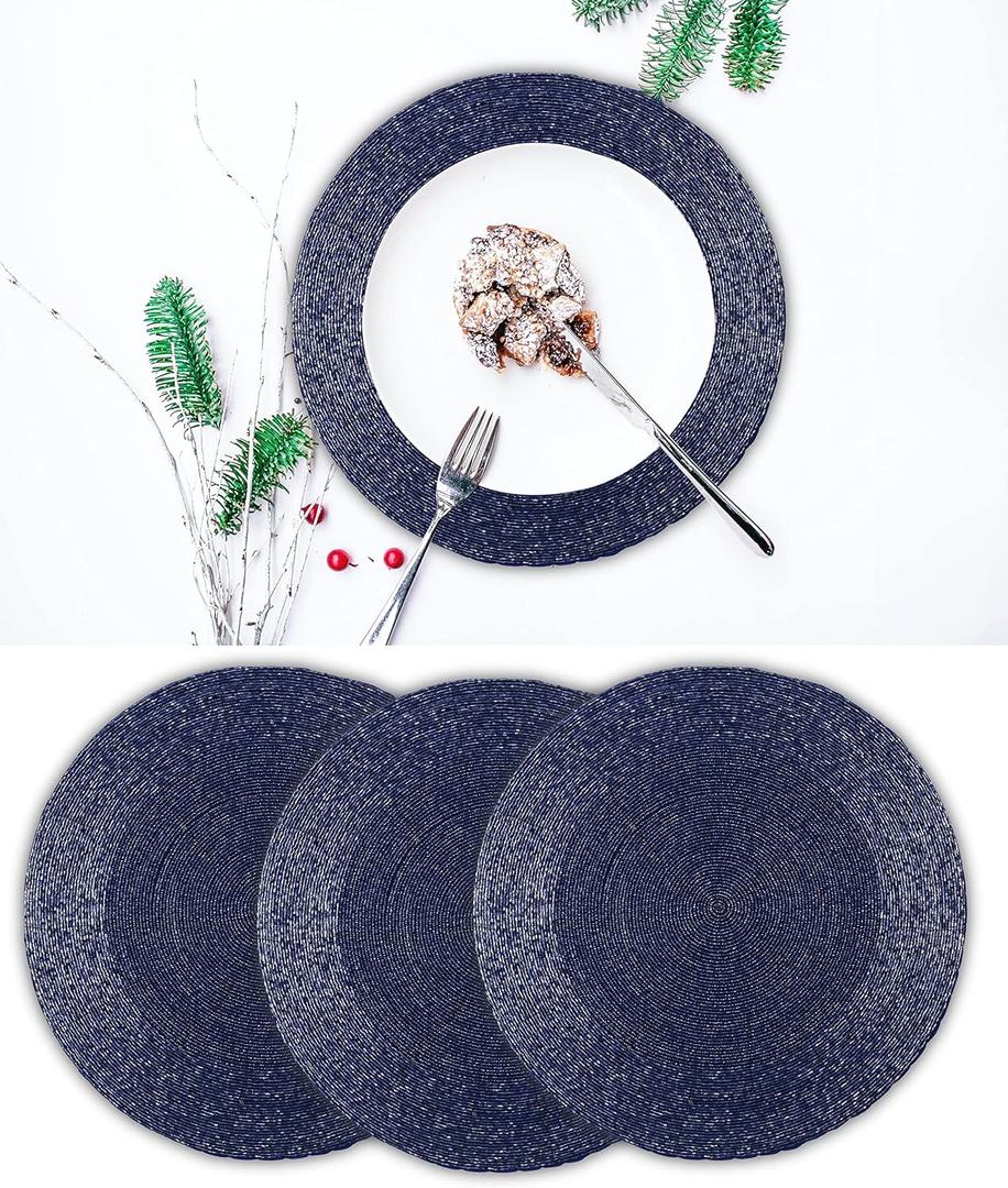 Handmade Navy Beaded Placemats Charger 13 Inch Round Set of 4 - Beautiful Fancy Elegant Decorative Glitz Table Mat for Dining Table Dcor, Farmhouse, Wedding, Dinner Party, Christmas, & Everyday Use