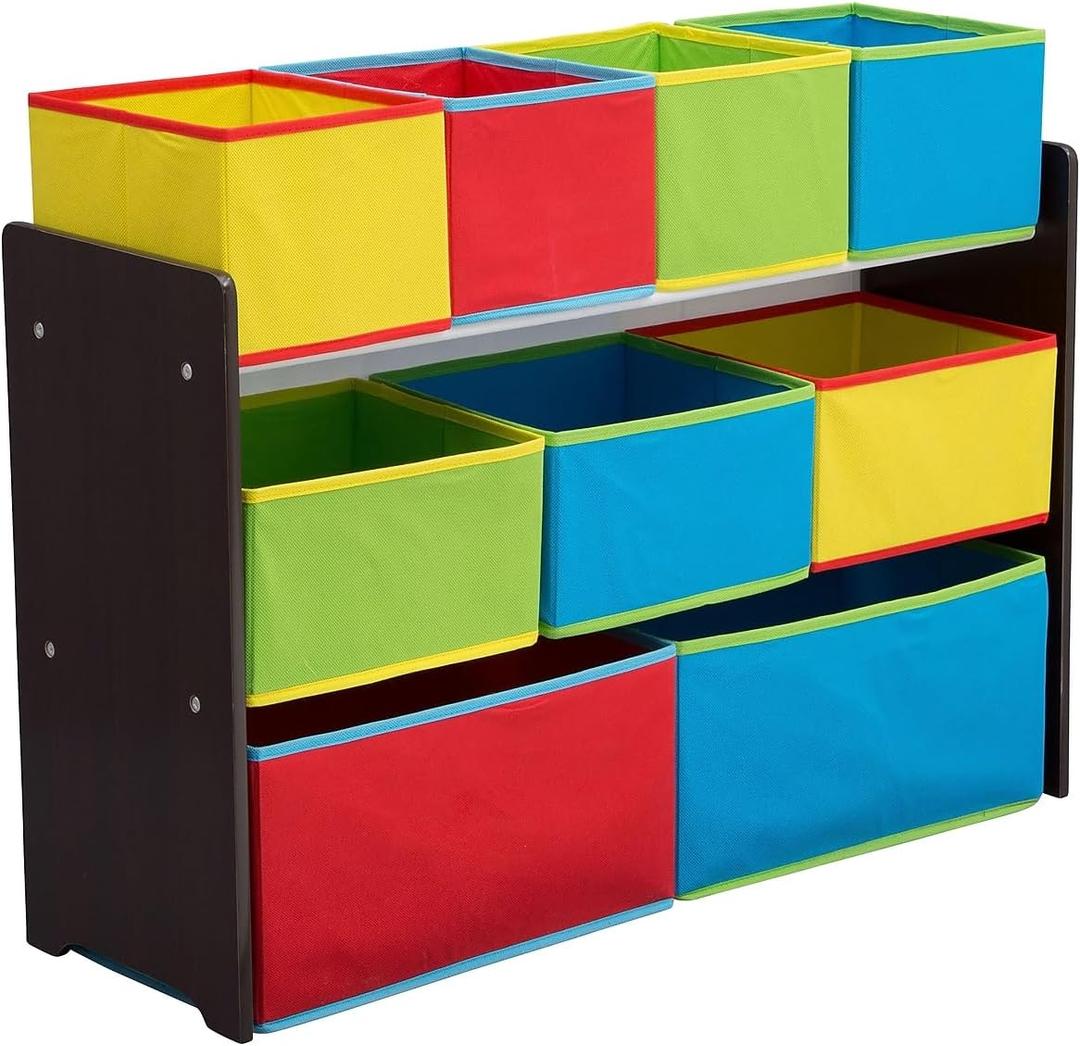 Delta Children Deluxe Multi-Bin Toy Organizer with Storage Bins - Greenguard Gold Certified, Dark Chocolate/Primary Colored Bins, 9 Piece Assortment