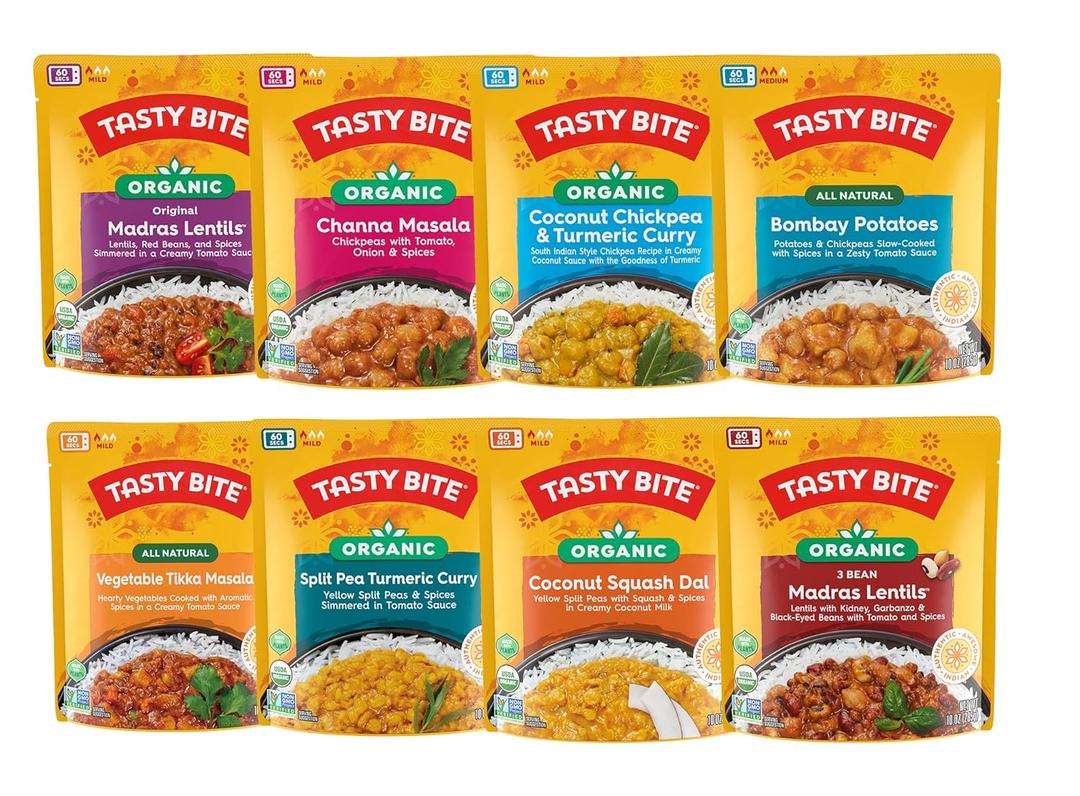 Tasty Bite Variety, Pack of 8, Madras Lentils, Bombay Potatoes, Vegetable Tikka Masala, Channa Masala, 3Bean Madras Lentils, Split Pea & Turmeric Curry, Coconut Squash Dal, Chickpea Coconut and Turmeric Curry (BB-10/31/26)