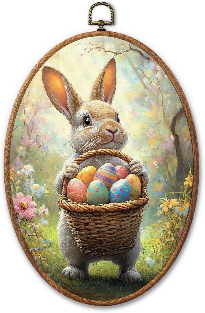 GMCDFHRQ Vintage Easter Bunny Oval Wall Decor, 8.3" x 11.6" Traditional Rabbit Holding Woven Basket of Easter Eggs Wall Art, Framed Print (006)