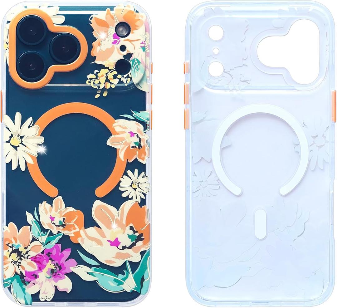 YeLoveHaw Clear Phone Case for iPhone 17 Pro [Compatible with MagSafe] Slim Magnetic Protective Cover with Floral Pattern & Silver Lines, Cute Aesthetic Flower Case for Women Girls  Orange Flowers