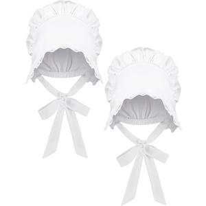 JenPen White Bonnet Women Colonial Hat Mob Bonnets Straw Handmaids Cosplay Easter Costume Lace with Adjustable Straps (Small)
