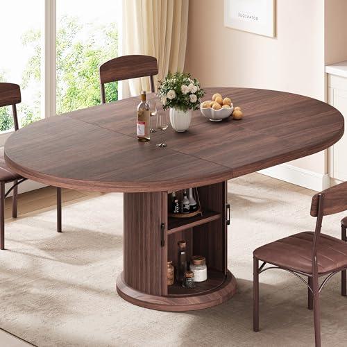 Jocoevol Extendable Round Kitchen Dining Room Table for 4-6 with 2-Tier Storage Shelf, 63'' Space Saving Expandable Wood Oval Circle Dinner Furniture with Pedestal Base (Brown)