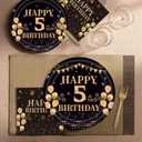 96PCS 5th Birthday Party Plates Set Black and Gold Theme Decorations Include Black Gold Plates and Napkins Forks for 5 Year Old Boys Girls Birthday Party Supplies Serves 24 Guests