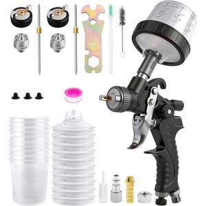 Mini HVLP Spray Gun with 0.8/1.0 mm Nozzles and 10x 200ML Disposable Paint Cups, Automotive Paint Gun Touch UP Paint Sprayer Gun, Air Paints Gun for Auto Paint, Primer, Repair Detail (Black)