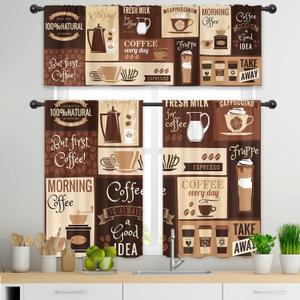 Cinbloo Brown Coffee Kitchen Curtains and Valance 3 Piece Set Rod Pocket Rustic Vintage Latte Cappuccino Cafe Theme Curtains Farmhouse Cafe Beans Drink Decor Modern Window Drapes Fabric (52"W x 54"L (Pack of 1))
