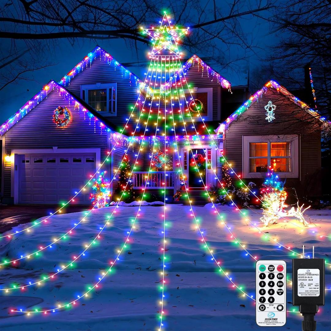 23FT 714 LED Christmas Decoration Lights Outdoor, 8 Modes Waterfall Star String Lights with Waterproof Timer, Dimmable Waterfall Tree Lights for Indoor Roof Patio Holiday Party, Multicolor