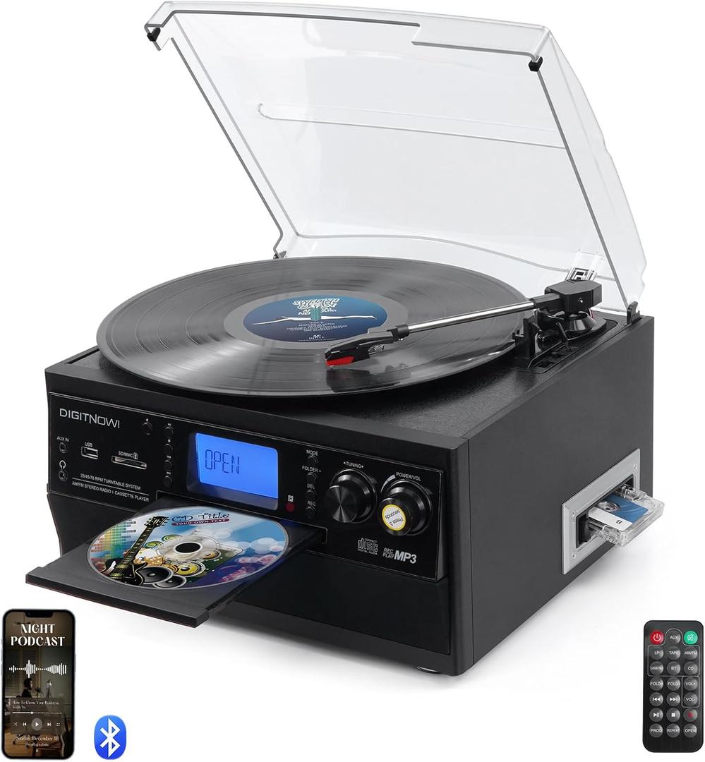 DIGITNOW 9-in-1 Record Player with Stereo Speaker, 3-Speed Turntable for Vinyl, CD/Cassette Player, Bluetooth, USB/SD Playback, AM/FM Radio, Aux-in, Remote Control (Black)