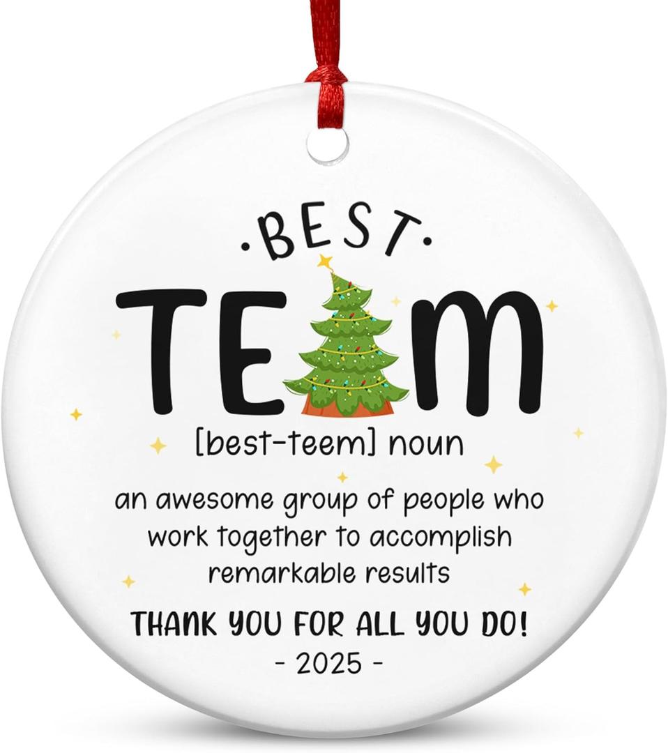 TEEZWONDER Best Team Ever Gifts - Ceramic Christmas Ornaments 2025 with Card for Christmas Tree Decorations - Office Group Gifts for Coworkers Employees Friends, Appreciation Thank You Gift Ideas