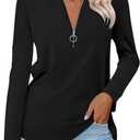 Women's Long Sleeve Shirts Zipper Color Block V Neck Tunic Tops Casual Blouse (Black, XXL)