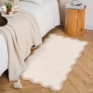 GarveeHome Scalloped Washable Rug 9x12 Area Rug for Bedroom Non Slip, Beige