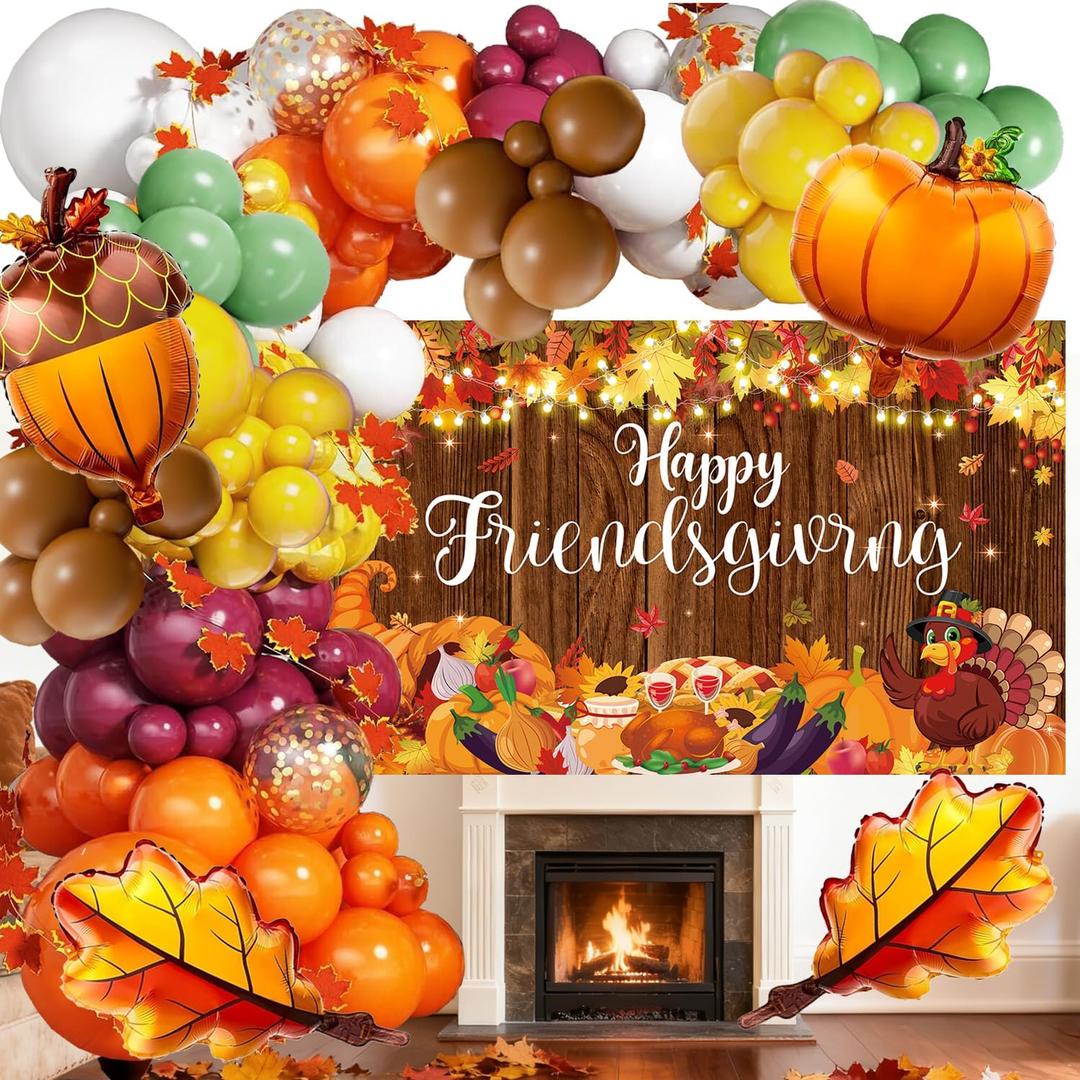 Friendsgiving Party Decorations Friendsgiving Balloon Arch Decorations Kit with Friends Giving Backdrop,Foil Balloons for Thanksgiving Party Supplies (Style2)
